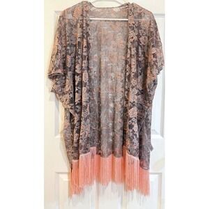 Kollie More Lace Kimono One Size Gray Pink Floral Open‎ Front Cardigan